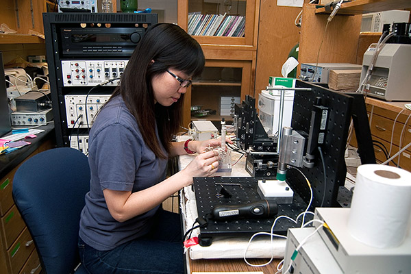 female student working on a model