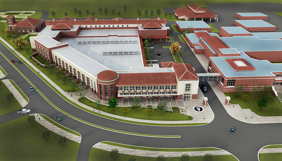 Aerial architect rendering view of the completed expansion of the Purdue College of Veterinary Medicine